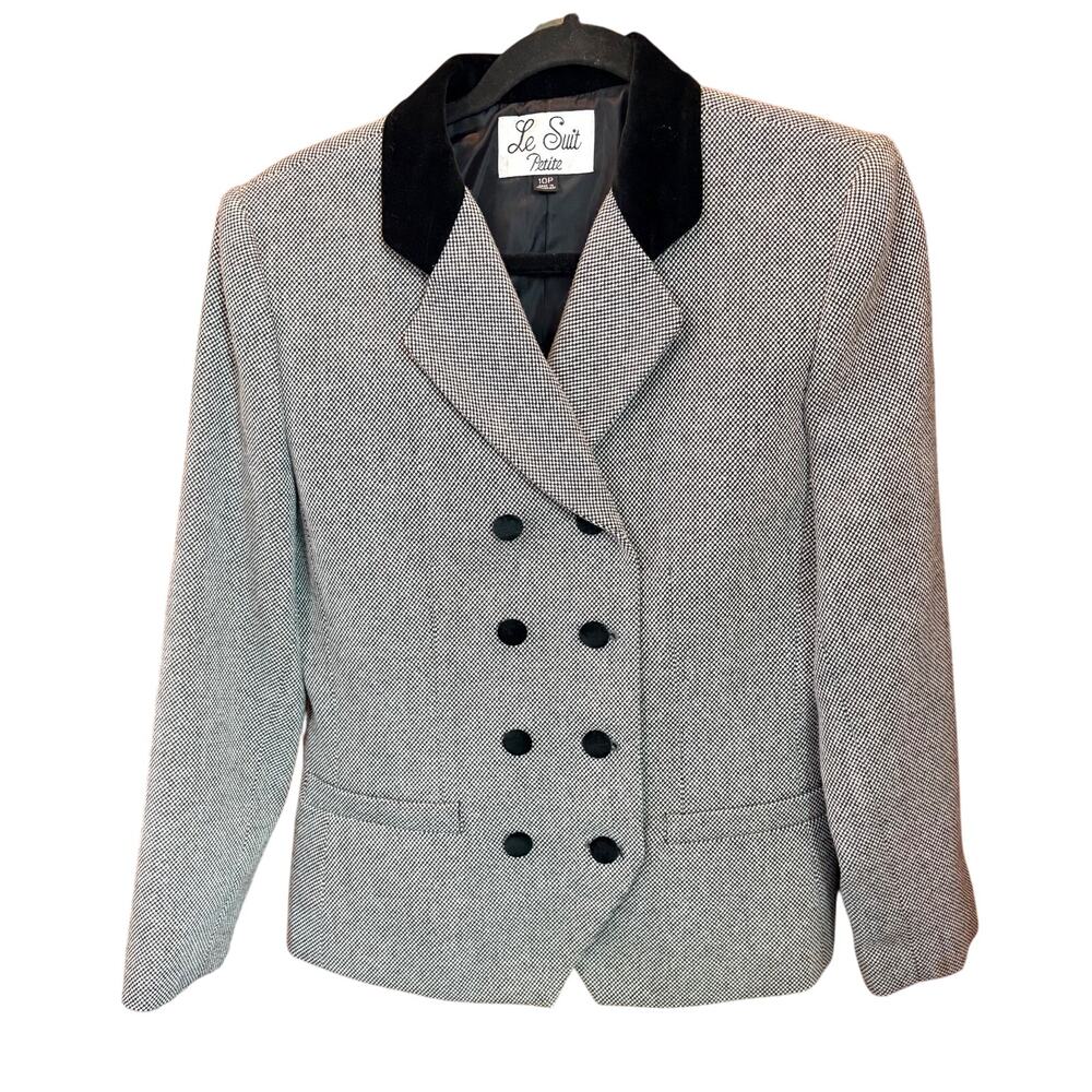Le Suit women houndstooth blazer black white velvet collar buttons sz 10P Acadmi